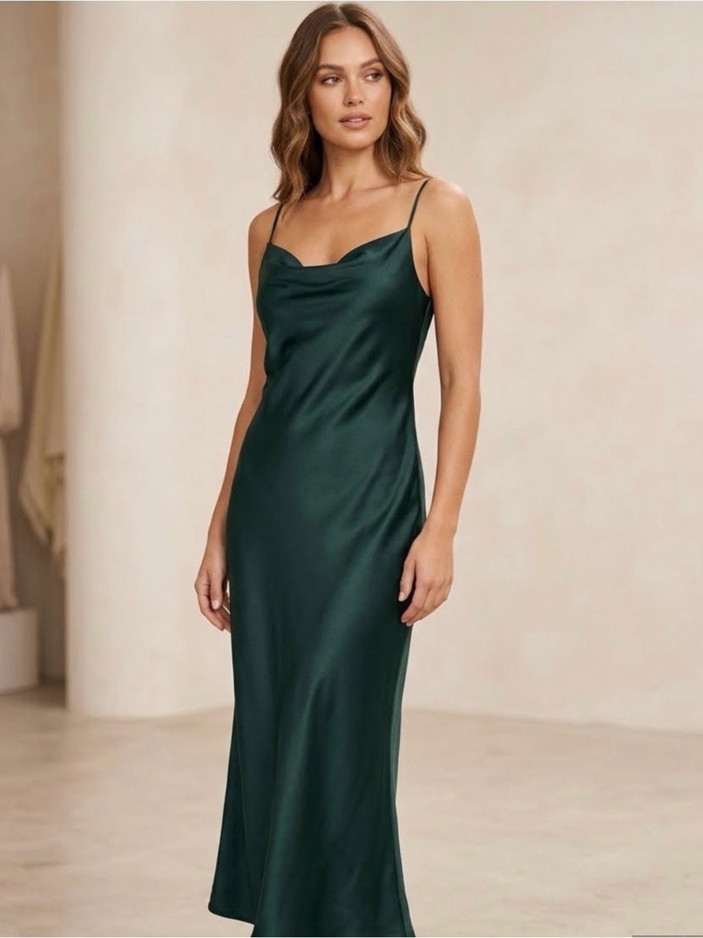 Zara Deep Green Satin Cowl Neck Midi Slip Dress Size L Fall Bodycon Fit & Flare